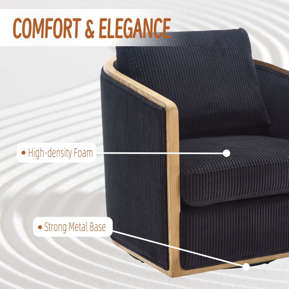 MOONMISS Corduroy Upholstered 360°Swivel Comfortable Round Barrel Chair for Living Room,Bedroom-Black - Image 3