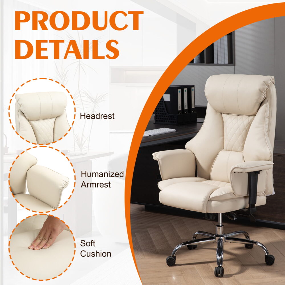 MOONMISS PU Leather Upholstered Adjustable Height 360°Swivel Lifting Handrail Home Office Desk Chair with Lumbar Support-Beige - Image 4