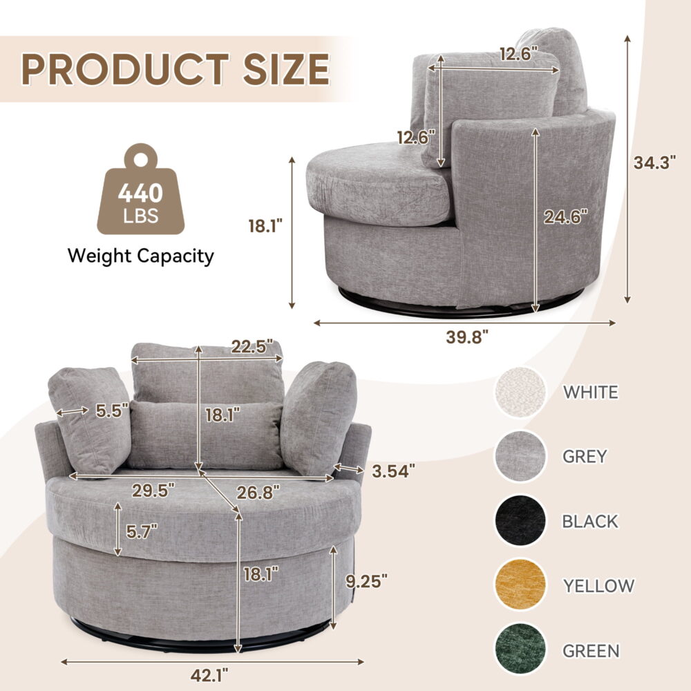 Dinosisco Oversized Swivel Barrel Accent Chair, Chenille Adult Comfy Reading Armchair, Gray - Image 2