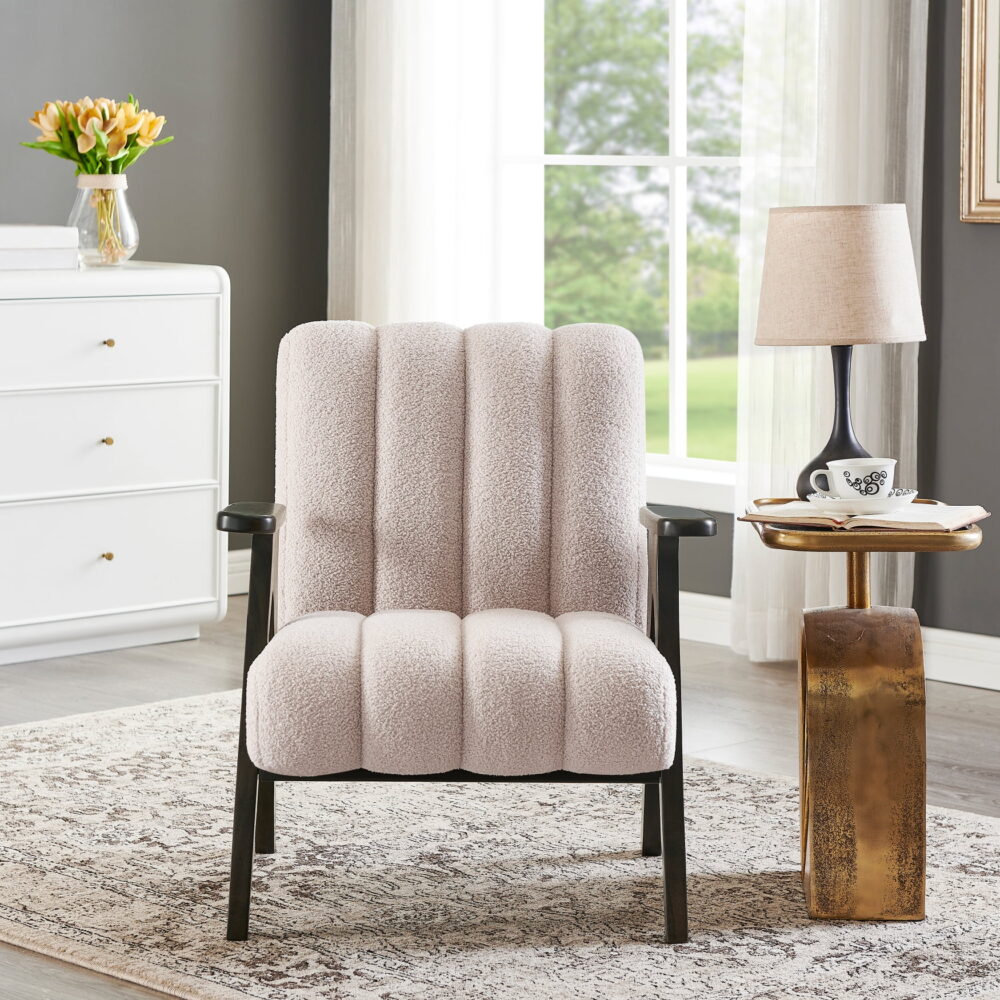 Roundhill Furniture Rella Modern Teddy Sherpa Accent Chair with Espresso Wood Frame, Beige - Image 2