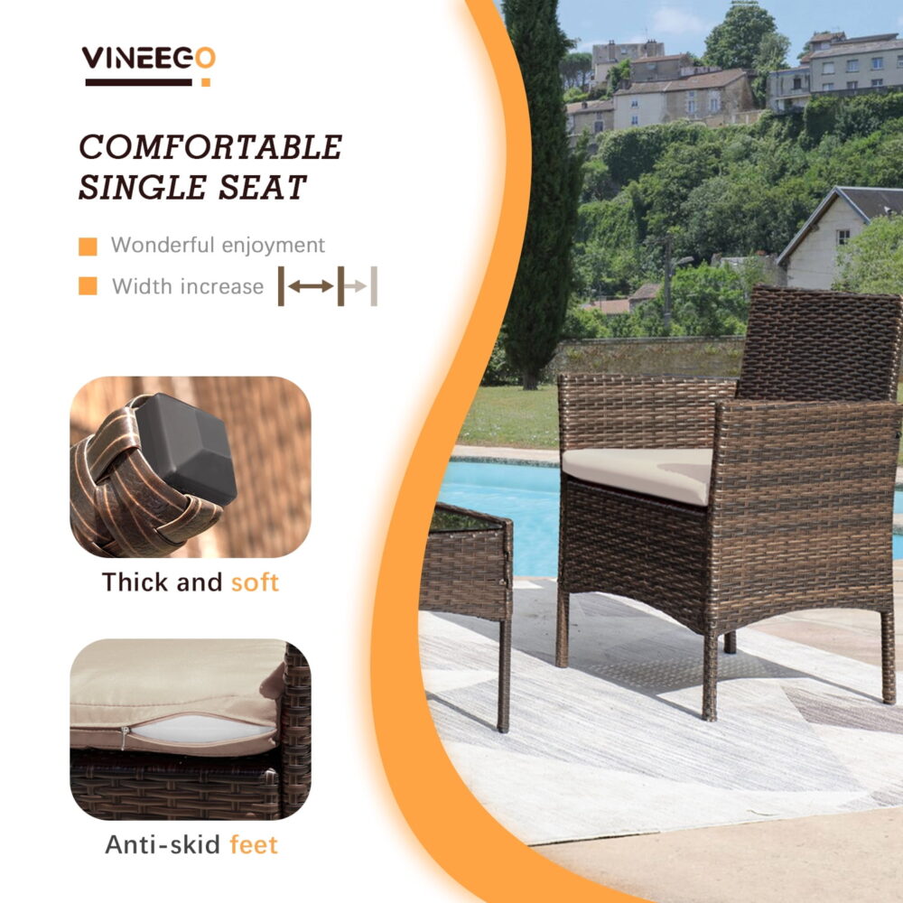 Vineego 4 Pieces Outdoor Patio Furniture Sets Conversation Sets Rattan Chair Wicker Sets with Cushioned Tempered Glass - Image 3