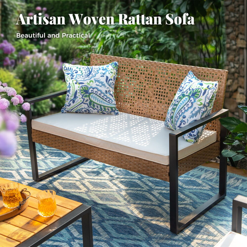 MF Studio 4-Piece All-Weather Rattan Patio Furniture Set, Outdoor Conversation Set with Wood Table, Brown and Beige - Image 2