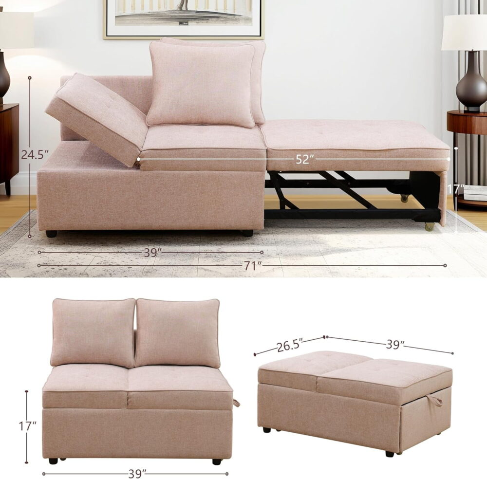 4-in-1 Convertible Futon Pull Out Sofa Bed, Modern Single Sleeper Couch Bed with 2 Pillows for Home Living Room Dorms, Pink - Image 7