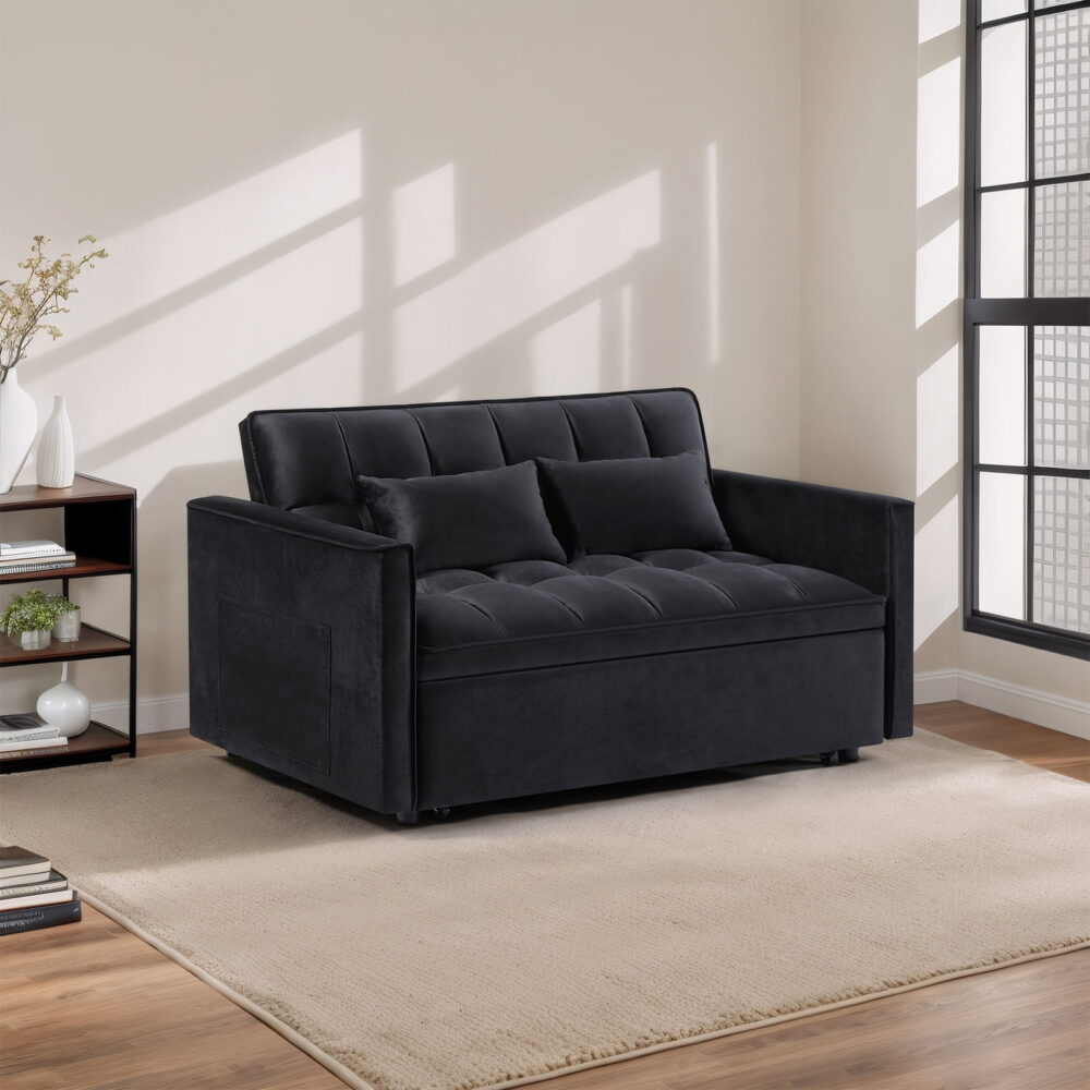 Gewnee 54" Modern Convertible Velvet Futon Sofa Bed with Pull-Out Bed,Sleeper Loveseat Sofa Couch with Adjsutable Backrest For Living Room,Office (Black) - Image 6