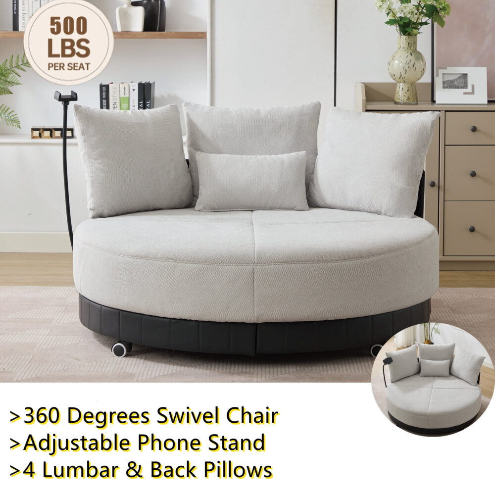 Aukfa 53 in Swivel Accent Chair, Oversized Barrel Chair Read Chair, Adjustable Phone Stand, Gray - Image 7