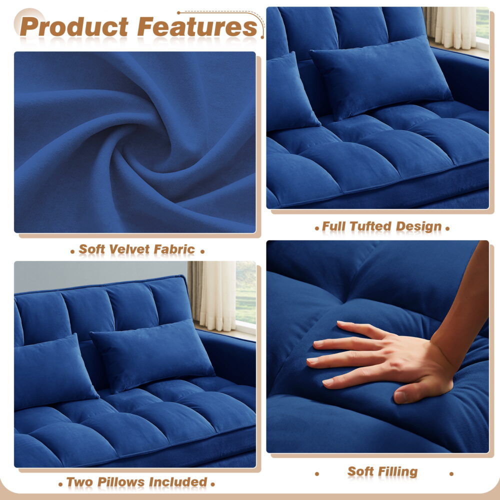 Dinosisco 3 in 1 Convertible Pull Out Sofa Bed, 55" Velvet Sleeper Loveseat, Cobalt Blue - Image 7