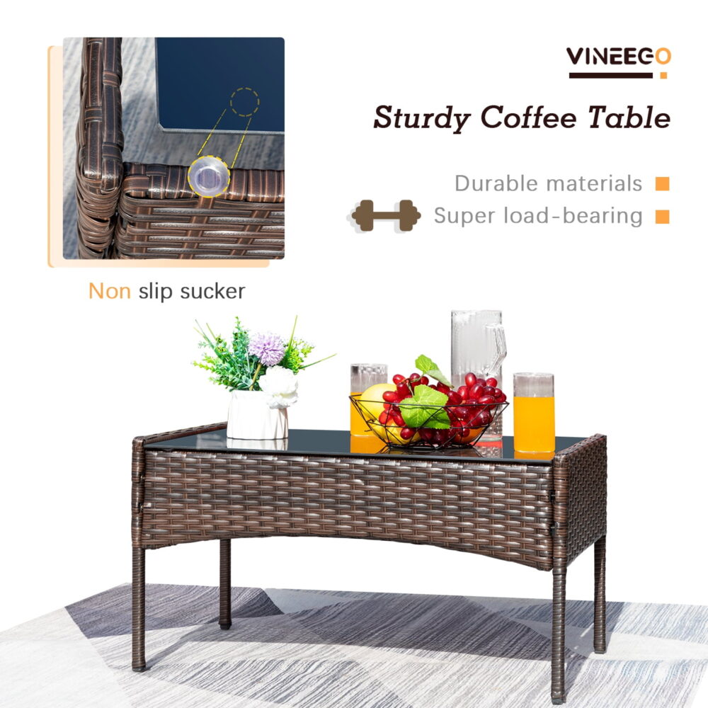 Vineego 4 Pieces Outdoor Patio Furniture Sets Conversation Sets Rattan Chair Wicker Sets with Cushioned Tempered Glass - Image 4