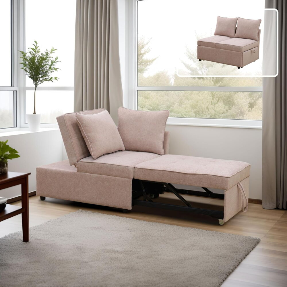 4-in-1 Convertible Futon Pull Out Sofa Bed, Modern Single Sleeper Couch Bed with 2 Pillows for Home Living Room Dorms, Pink