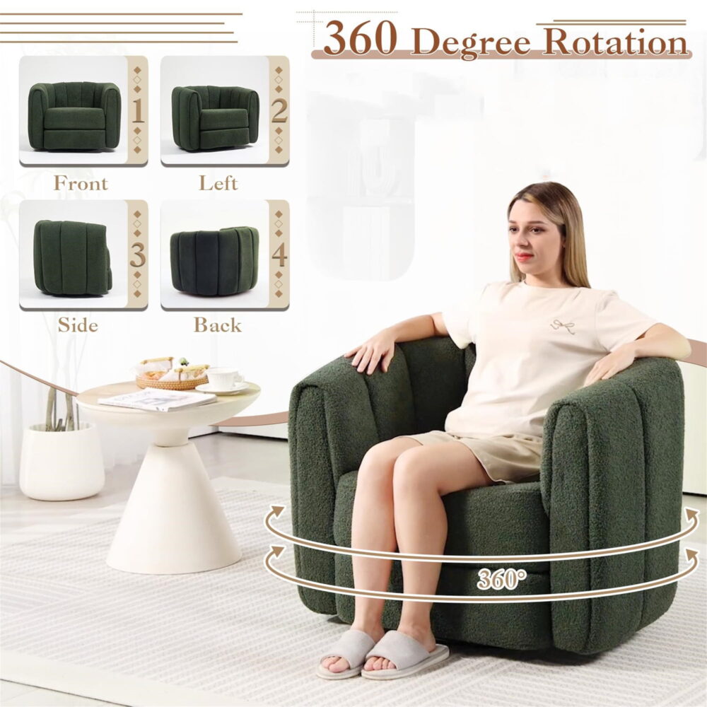 Aukfa 37" Swivel Accent Chair Pumpkin Armchair for Living Room, Bedroom, Teddy Fabric, Green - Image 3