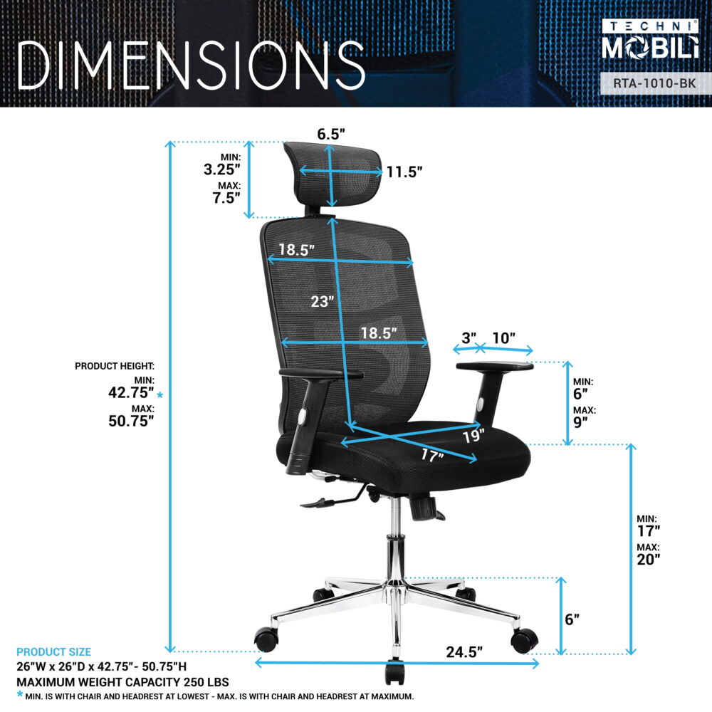 Techni Mobili High-Back Executive Fabric Mesh Office Chair with Arms in Black RTA-1010-BK - Image 4