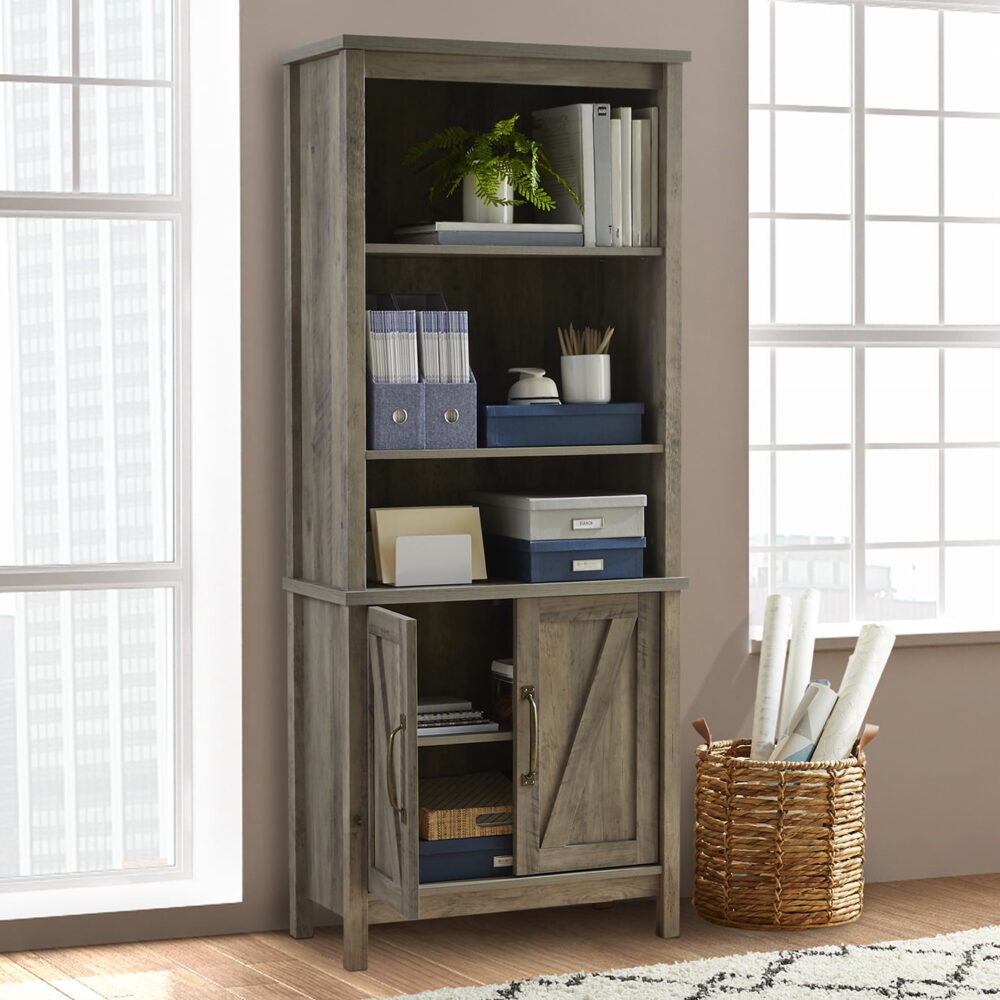 Better Homes & Gardens Modern Farmhouse Bookcase with Doors, Gray Finish - Image 5