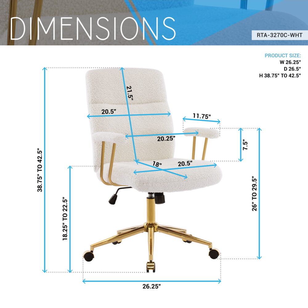 Techni Mobili Elegant Textured Boucle White and Gold Office Chair, RTA-3270C-WHT - Image 4