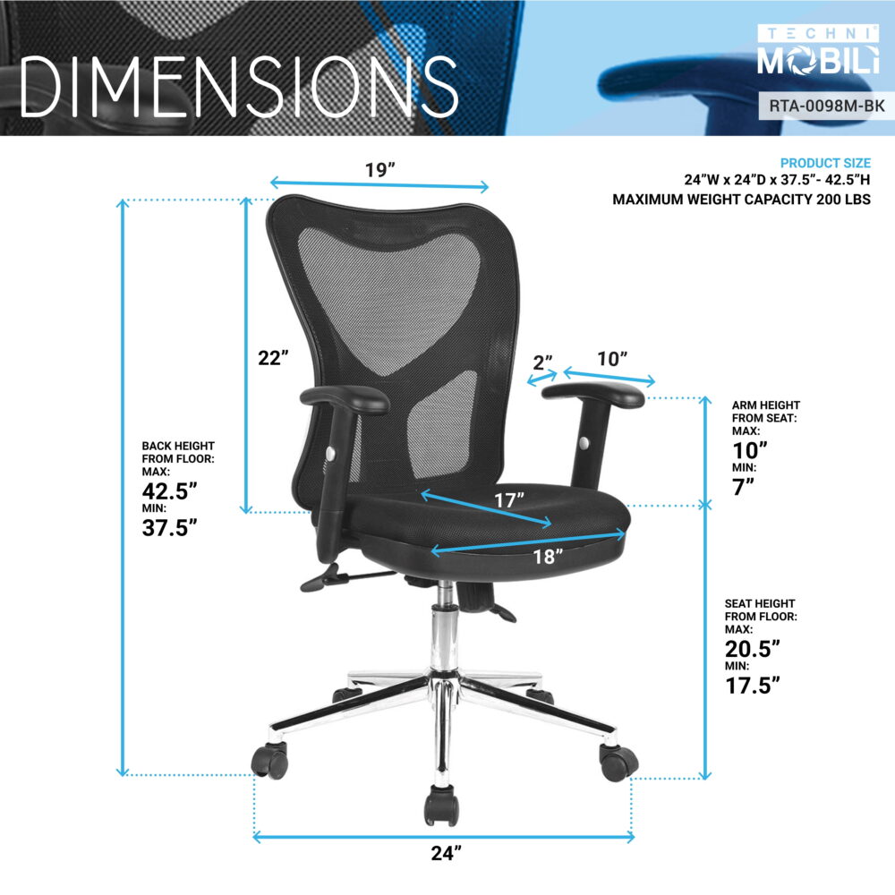 Techni Mobili High Back Mesh Office Chair with Chrome Base, Black RTA-0098M-BK - Image 4