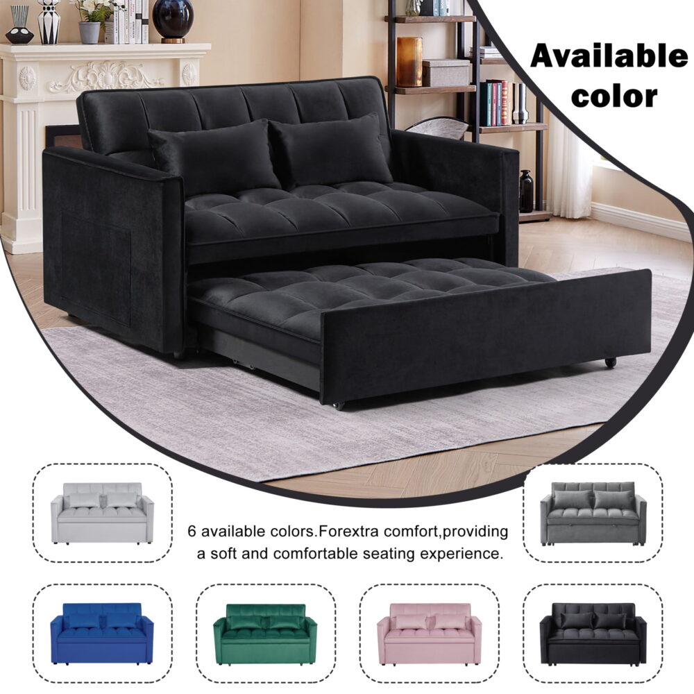 Gewnee 54" Modern Convertible Velvet Futon Sofa Bed with Pull-Out Bed,Sleeper Loveseat Sofa Couch with Adjsutable Backrest For Living Room,Office (Black) - Image 4