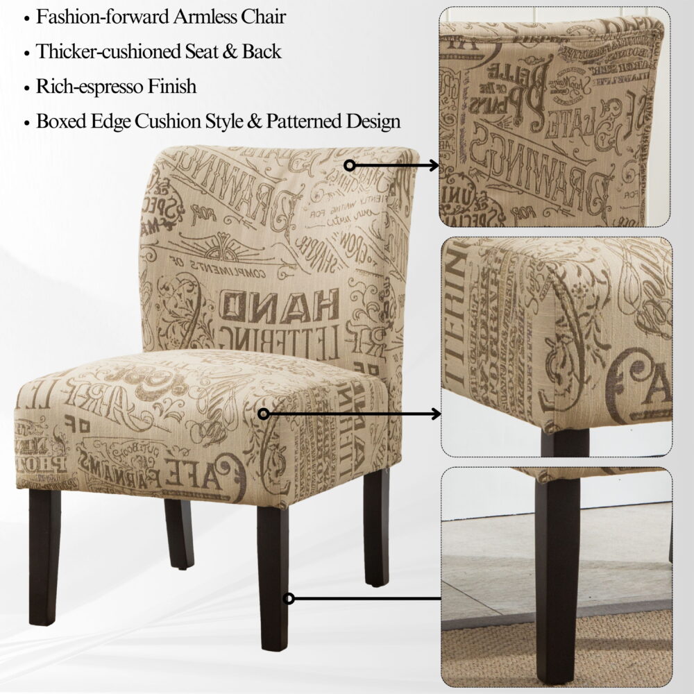 Roundhill Furniture Capa Print Fabric Armless Contemporary Accent Chair, Chalkboard Light Print - Image 5
