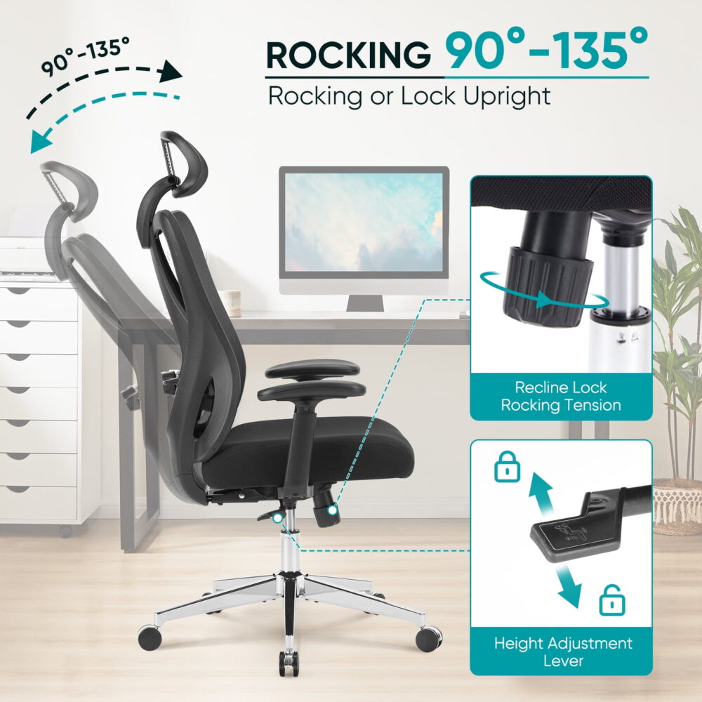 GIANNA Ergonomic Office Chair with Adjustable Headrest, 360° Swivel with 2D Armrest and 135° Tilt, Wide Cushion, Black - Image 2