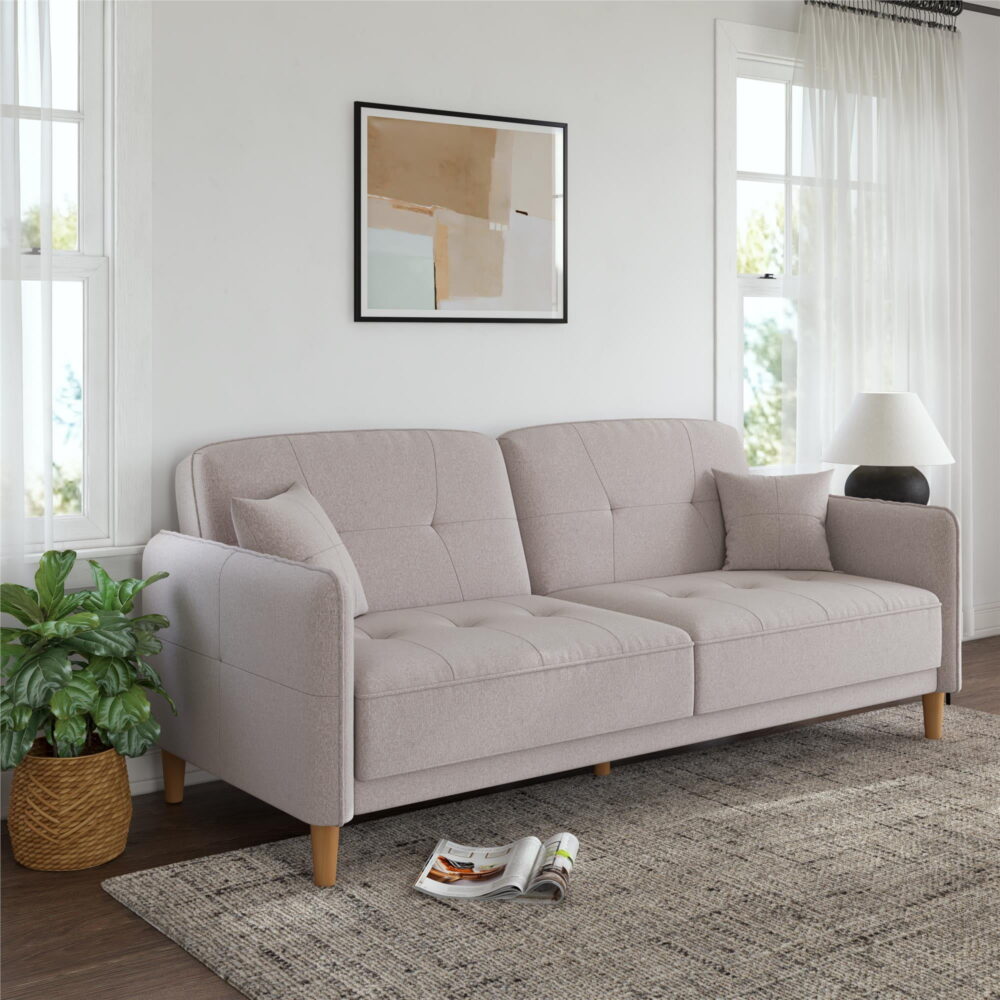 Mainstays Claremonte 78" Tufted 3 Seater Sofa Couch with Throw Cushions, Light Gray Linen - Image 2