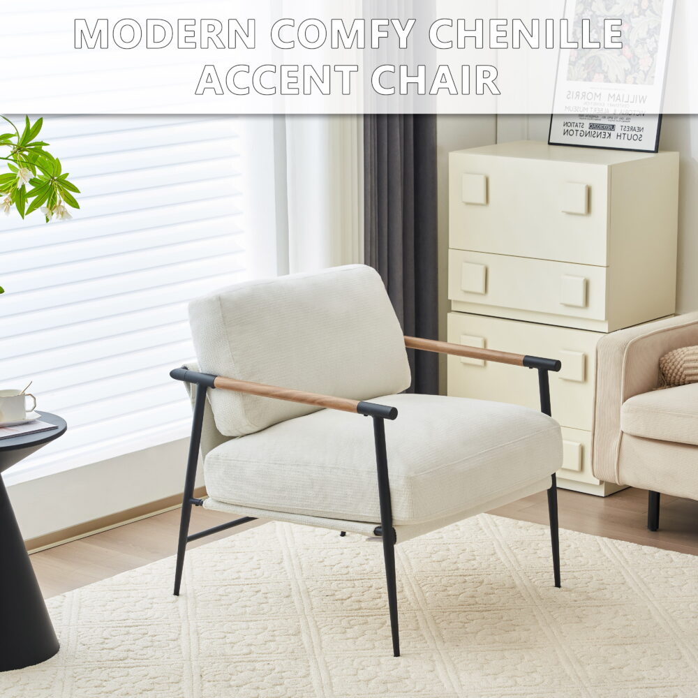 Othniel White Accent Chair Armchair Chenille Mid Century Modern Accent Chair Metal Leg Comfy Cushion - Image 5