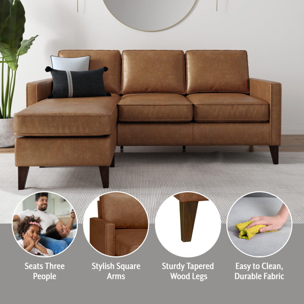 Jianna Faux Leather Reversible Sectional, Saddle Brown - Image 4