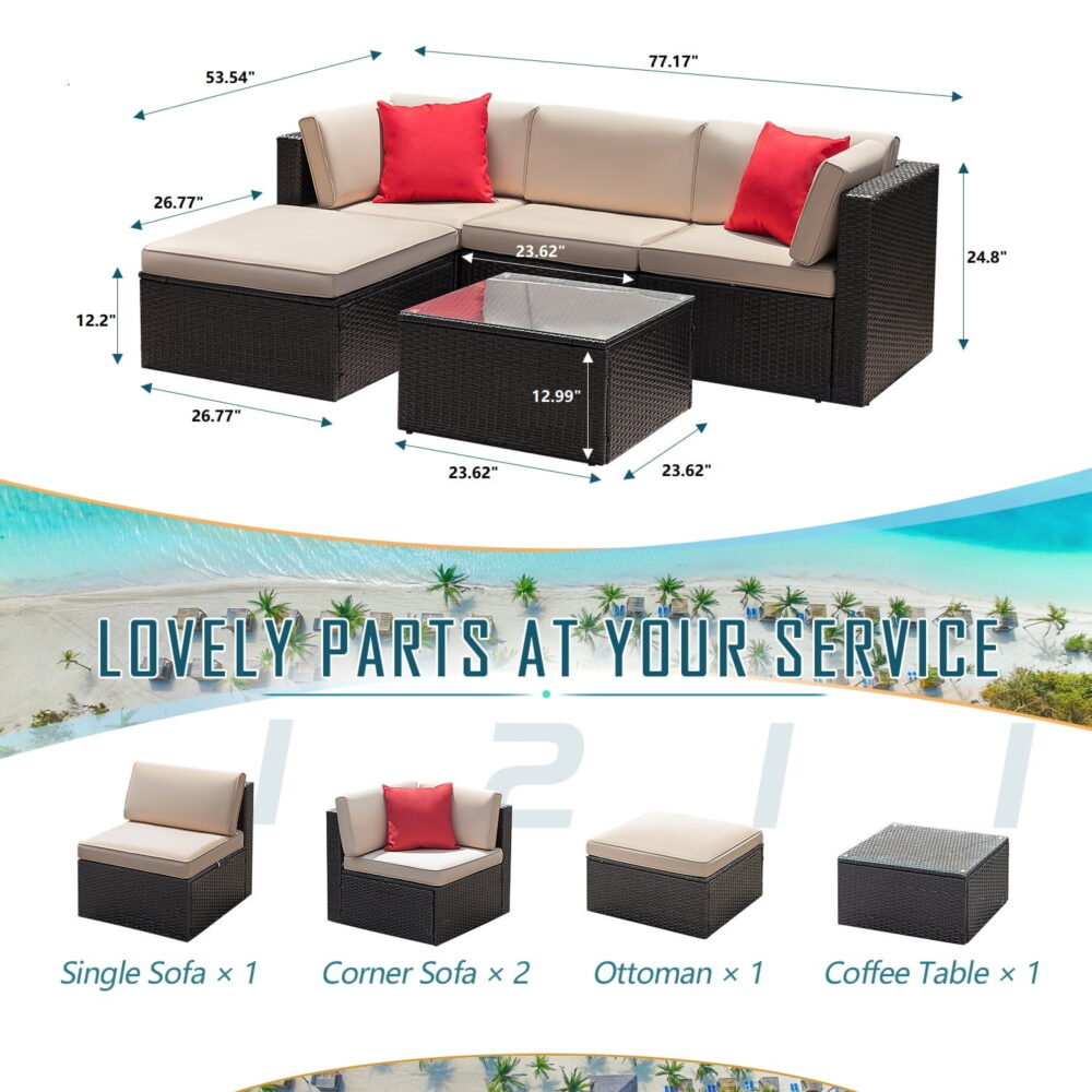 LACOO 5 Pieces Patio Sectional Set PE Rattan Outdoor All-Weather Wicker Conversation Set with Table, Beige - Image 4