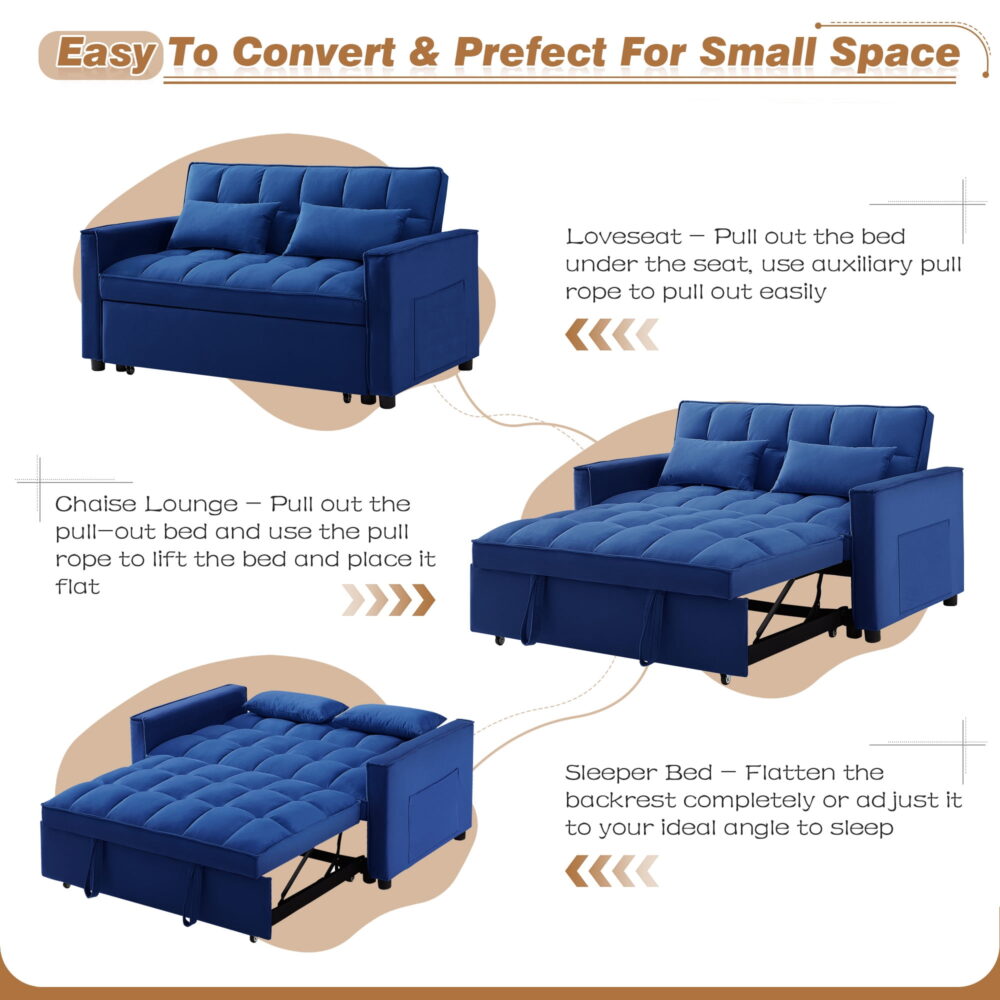 Dinosisco 3 in 1 Convertible Pull Out Sofa Bed, 55" Velvet Sleeper Loveseat, Cobalt Blue - Image 3