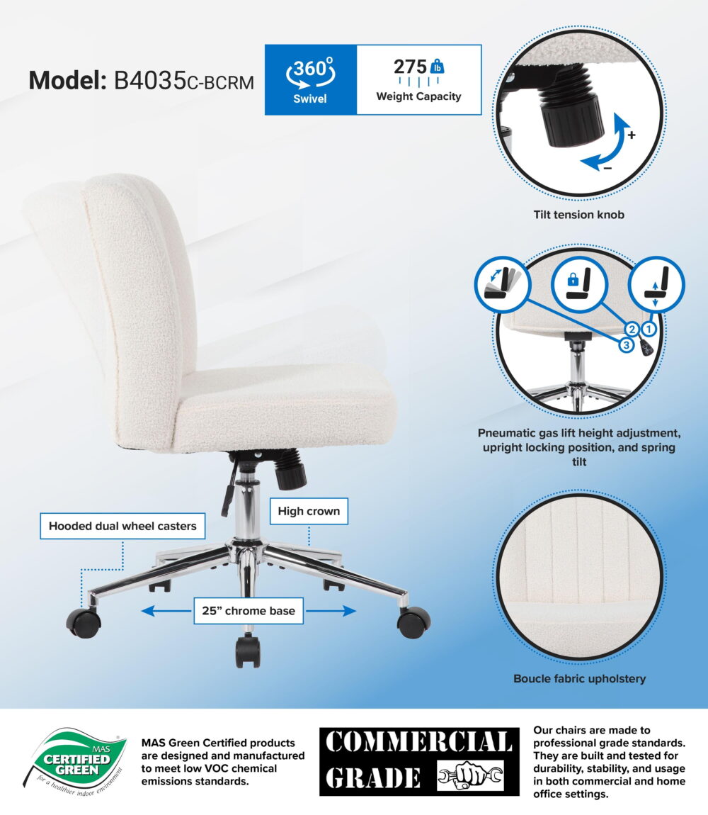 Boss Office Products Task Chair with Chrome Base, Cream Boucle - Image 2