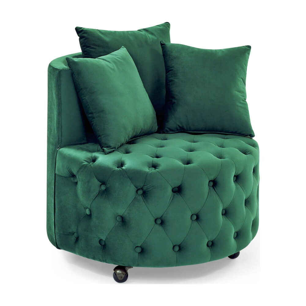 DEALTOPS Velvet Upholstered Swivel Chair for Living Room, with Button Tufted Design and Movable Wheels, Including 3 Pillows-Green - Image 5