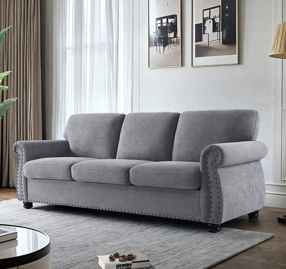 US Pride Furniture 91 in. Wide Rolled Arm Velvet Modern Rectangle Sofa in Grey For Home - Image 3
