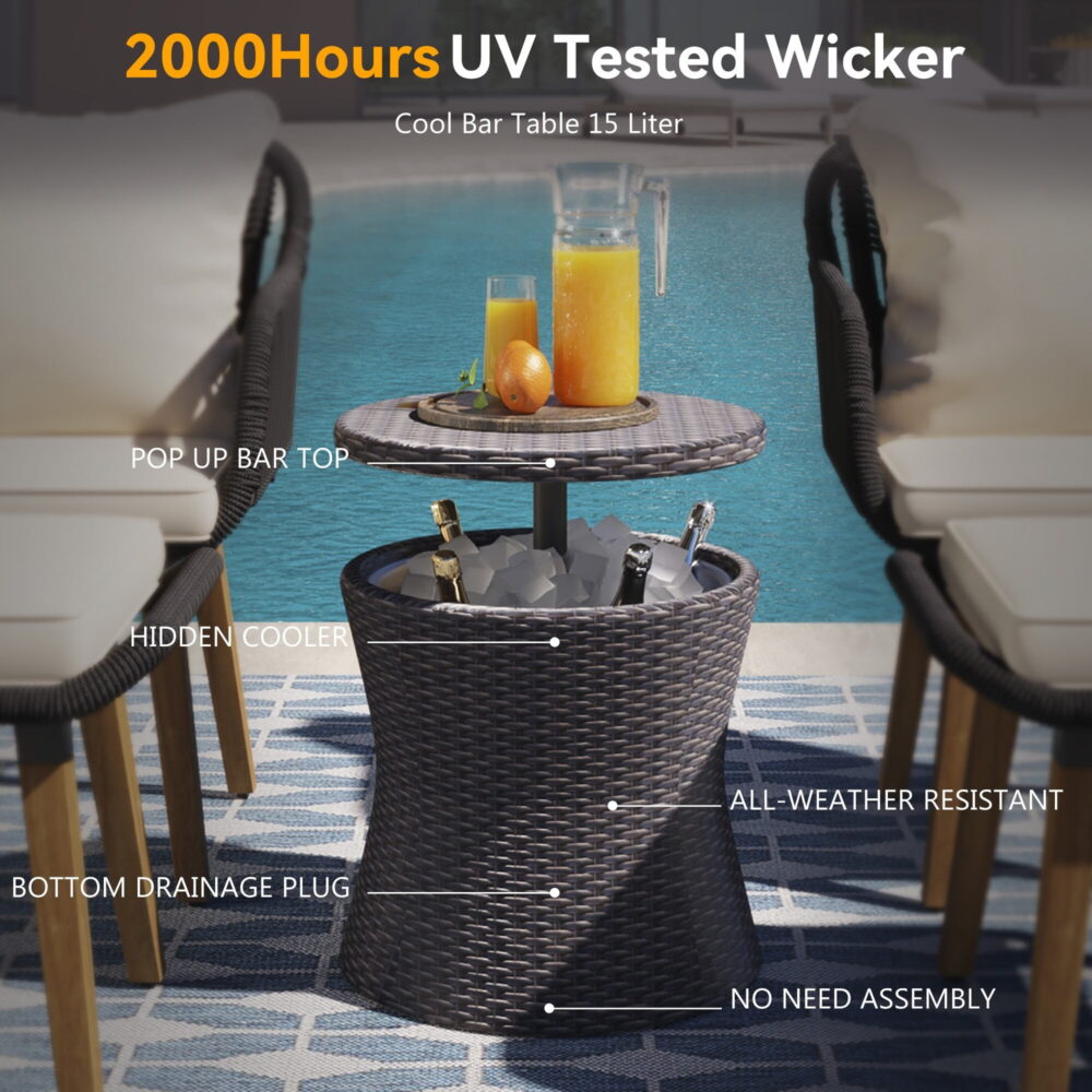 AENKYO 5-Piece Rope Patio Furniture Set with Wicker Pop-Up Cooler Table, Cushioned Chairs & Ottomans, Black - Image 6