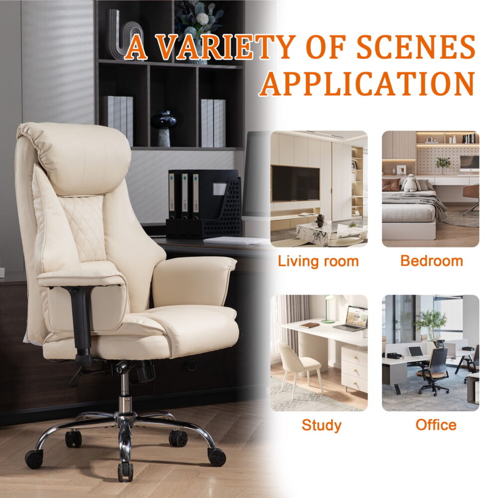 MOONMISS PU Leather Upholstered Adjustable Height 360°Swivel Lifting Handrail Home Office Desk Chair with Lumbar Support-Beige - Image 6