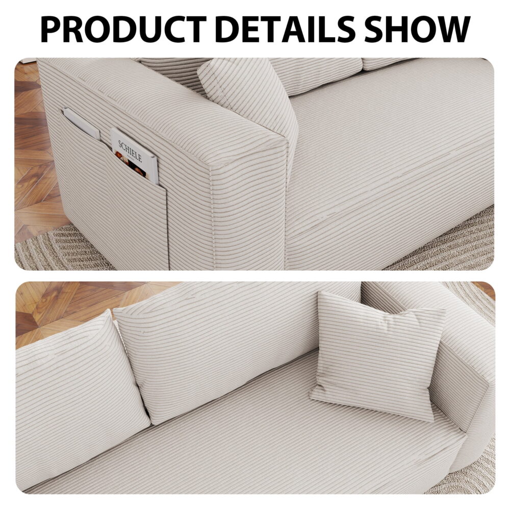 FocalSweet 89" Living Room Sleep Sofa, Deep Seat Corduroy Couch with Side Pocket,No Assembly Required, 3 Seater, White - Image 2