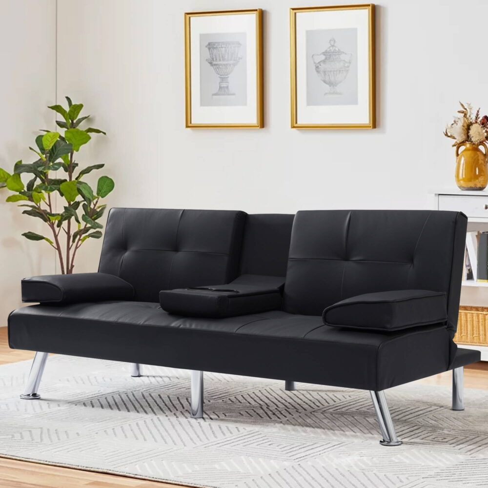 Sofa Bed with Cup Holder Convertible Futon Couches Adjustable Backrest Modern Faux Furniture Upholstery for Living Room - Image 3