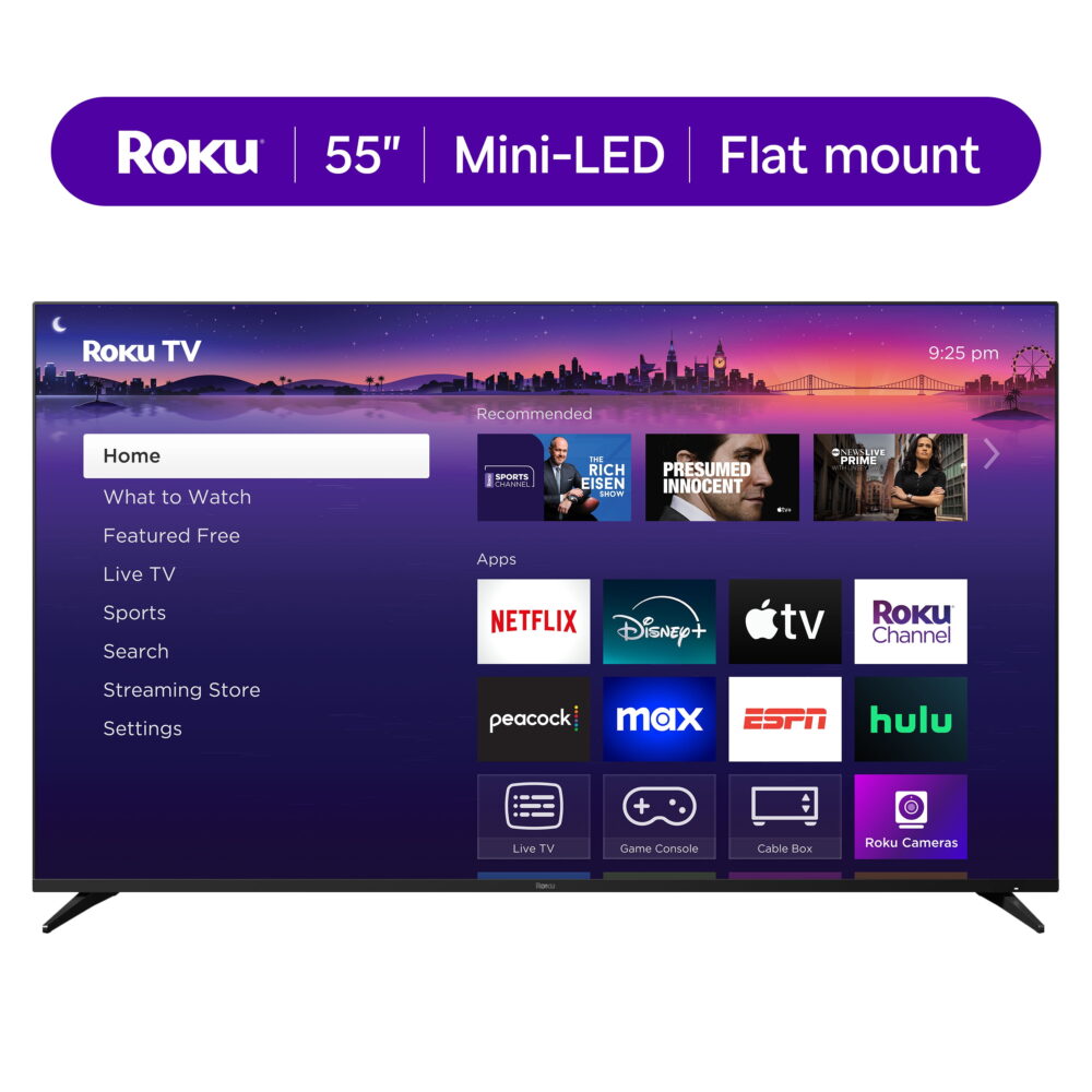 Roku Smart TV 2025 – 55-Inch Pro Series, 4K QLED Mini-LED – Roku TV with Backlit Voice Remote Pro