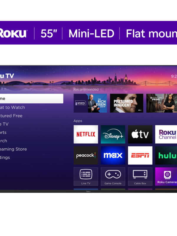 Roku Smart TV 2025 – 55-Inch Pro Series, 4K QLED Mini-LED – Roku TV with Backlit Voice Remote Pro