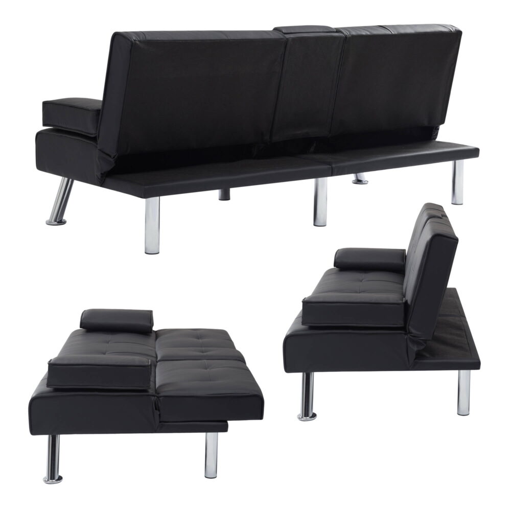 Sofa Bed with Cup Holder Convertible Futon Couches Adjustable Backrest Modern Faux Furniture Upholstery for Living Room - Image 4