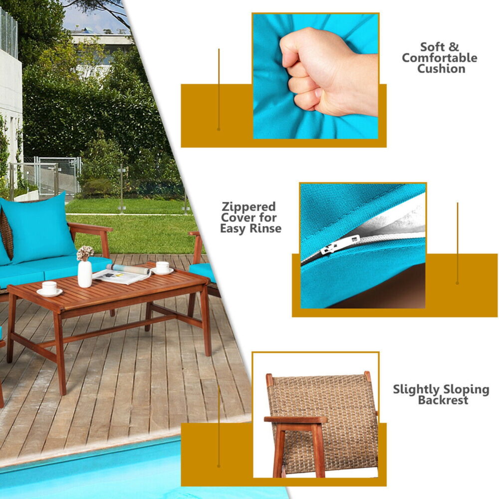 Gymax Fashion 4PCS Patio Conversation Set Wood Frame Furniture Set w/ Turquoise Cushions - Image 5