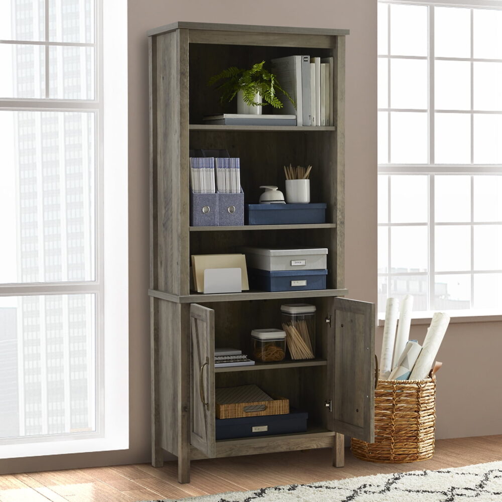 Better Homes & Gardens Modern Farmhouse Bookcase with Doors, Gray Finish - Image 4