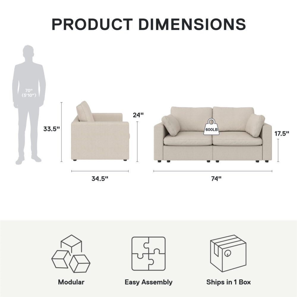 Mainstays Chatham Cloud 74" 3 Seater Upholstered Sofa Couch Modular Design, Cream - Image 2