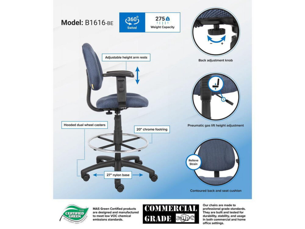 Boss Office Products Ergonomic Adjustable Drafting Chair with Adjustable Arms and Removable Foot Rest, Blue - Image 2