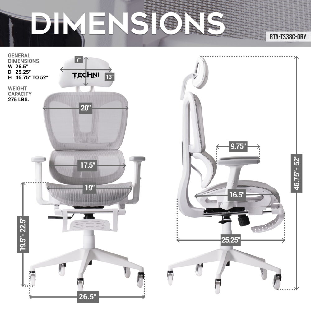 Techni Sport TS38C AIRFLEX2.0 Mesh Gaming Chair with Footrest, White RTA-TS38C-GRY - Image 4