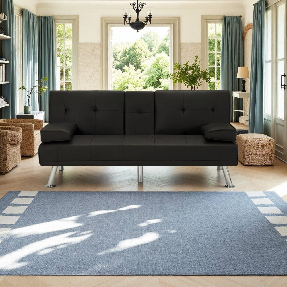 Sofa Bed with Cup Holder Convertible Futon Couches Adjustable Backrest Modern Faux Furniture Upholstery for Living Room - Image 2