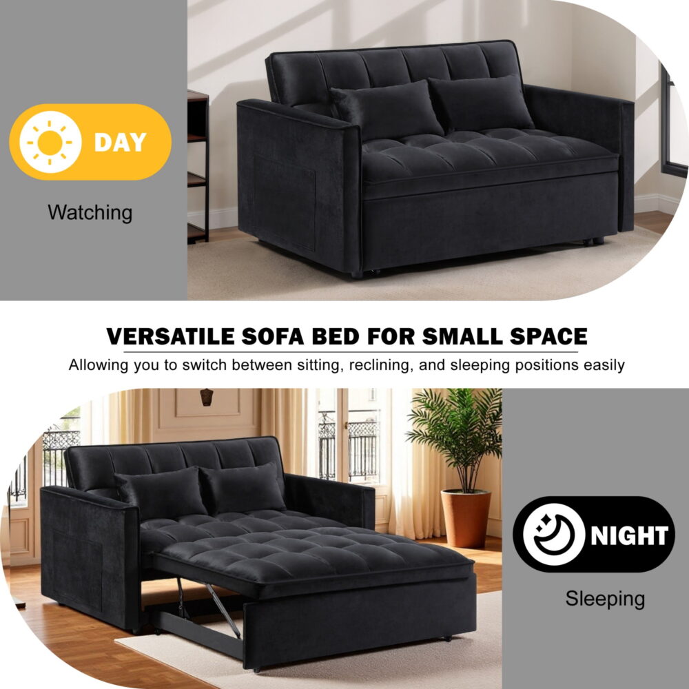 Gewnee 54" Modern Convertible Velvet Futon Sofa Bed with Pull-Out Bed,Sleeper Loveseat Sofa Couch with Adjsutable Backrest For Living Room,Office (Black) - Image 7