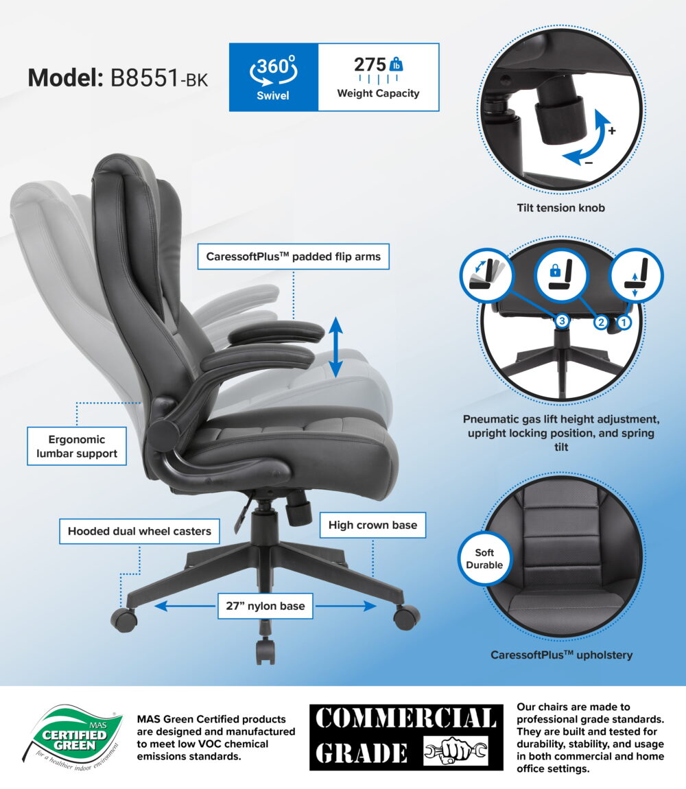 Boss Office Products High Back Flip Arm Vinyl Executive Chair in Black - Image 4