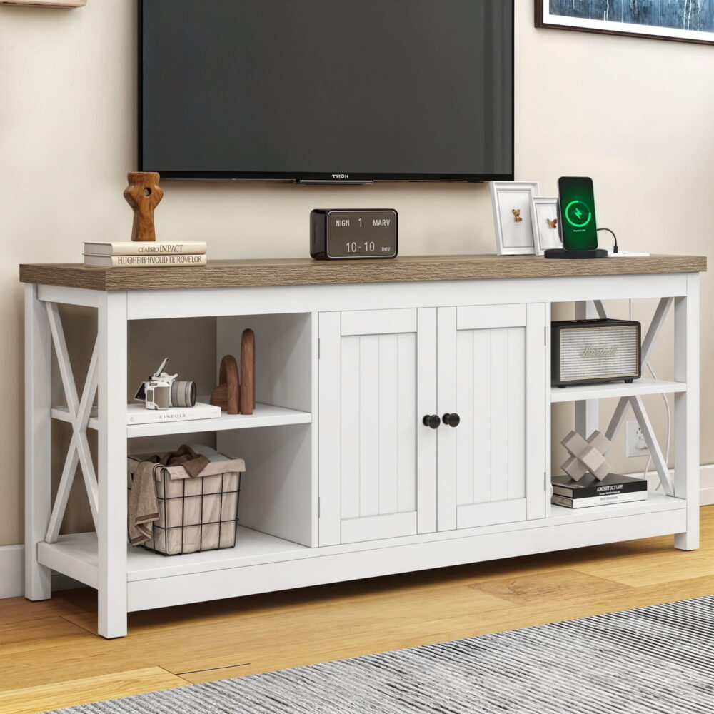 Dextrus White TV Stand up to 65 Inches w/Power Outlets, Farmhouse Entertainment Center Cabinet with Storage for Living Room - Image 3