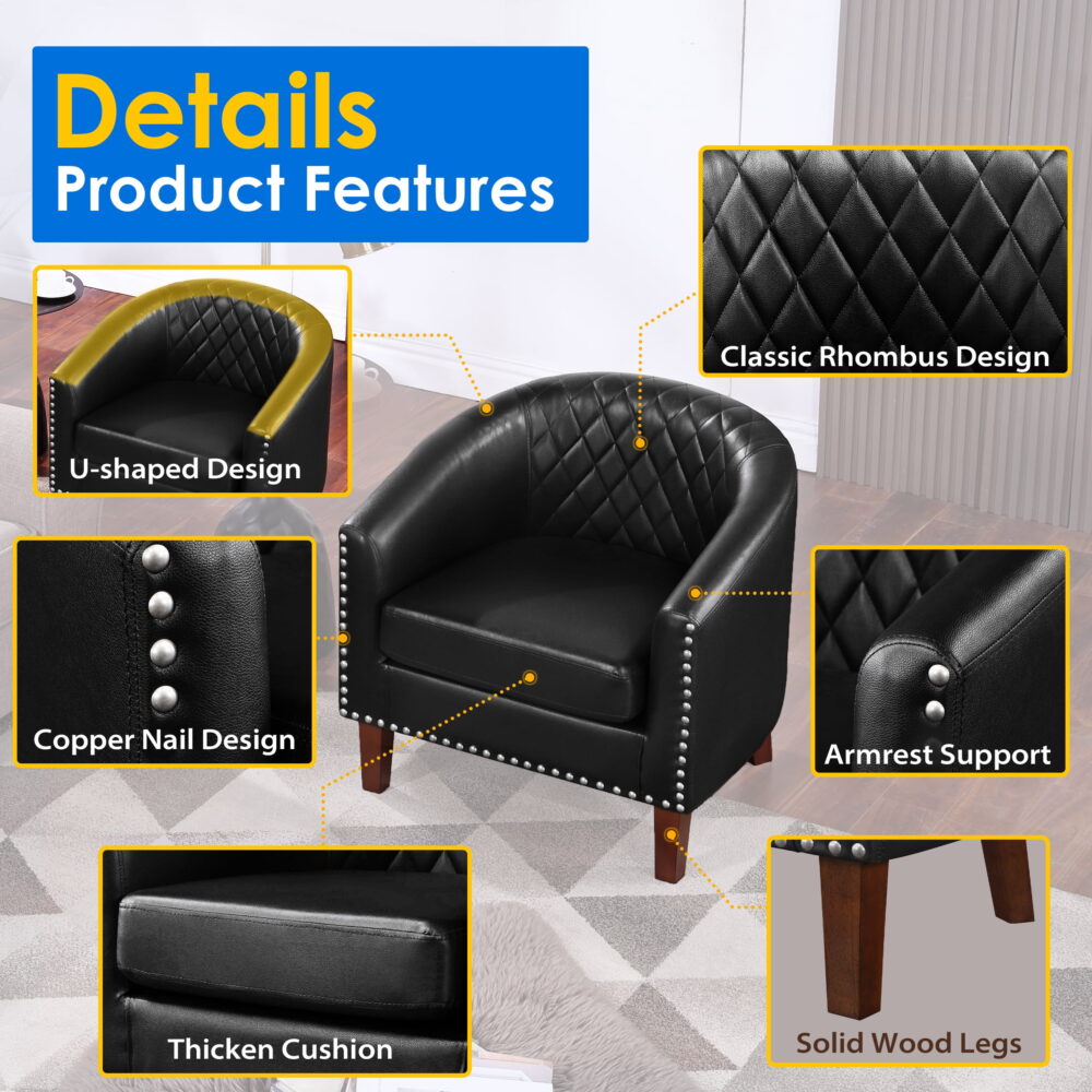TrumanPick Accent Chair, Comfy Barrel Chair Set of 2 Faux Leather Cozy Reading Armchair for Living Room, Black - Image 3