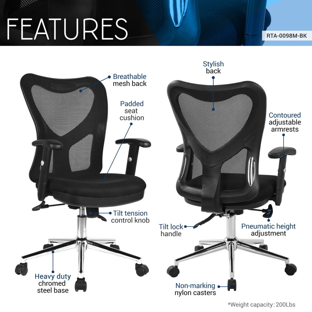 Techni Mobili High Back Mesh Office Chair with Chrome Base, Black RTA-0098M-BK - Image 3