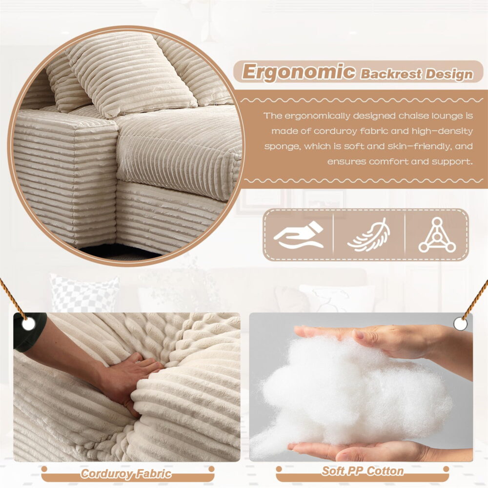 Aukfa 49" Chaise Lounge Oversized Corduroy Sofa Plush Chair Bed w/ 3 Pillows for Living Room, Beige - Image 3