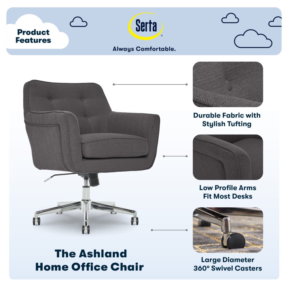 Serta Ashland Office Desk Chair, Button Tufted Mid-Back, Memory Foam Cushion, Chrome Swivel Base, Dark Gray - Image 7