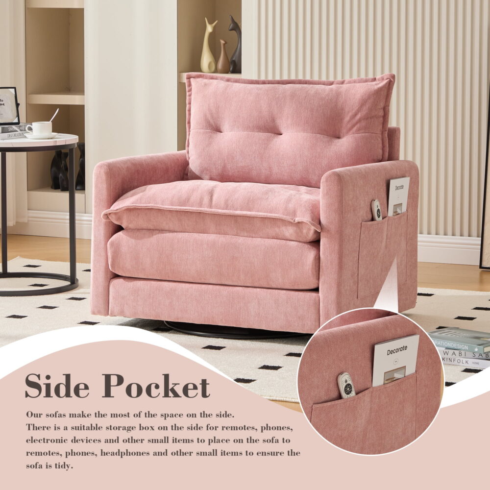 MOONMISS Chenille Upholstered 360°Degree Swivel Mid Century Modern Arm Chair for Living Room-Pink - Image 3