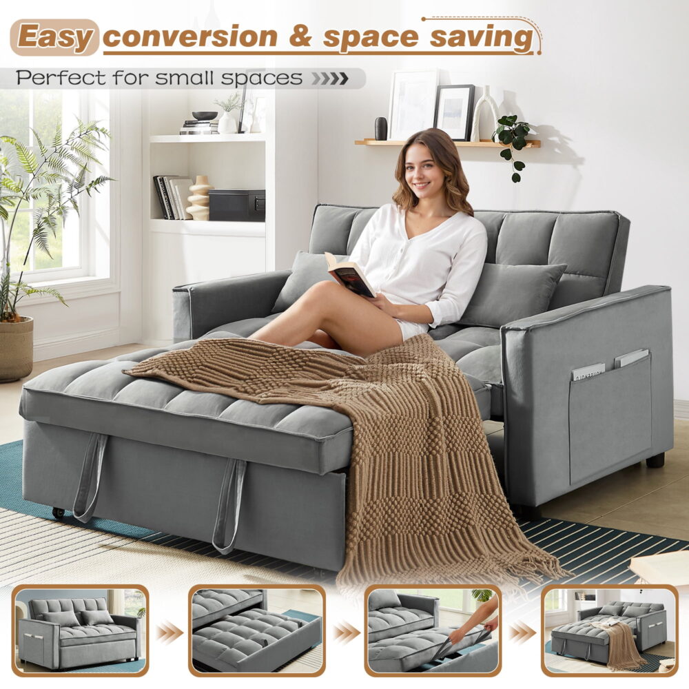Dinosisco 4-in-1 Convertible Futon Sofa Bed, Pull Out Couch Beds Loveseat Sleeper, Gray Velvet - Image 7